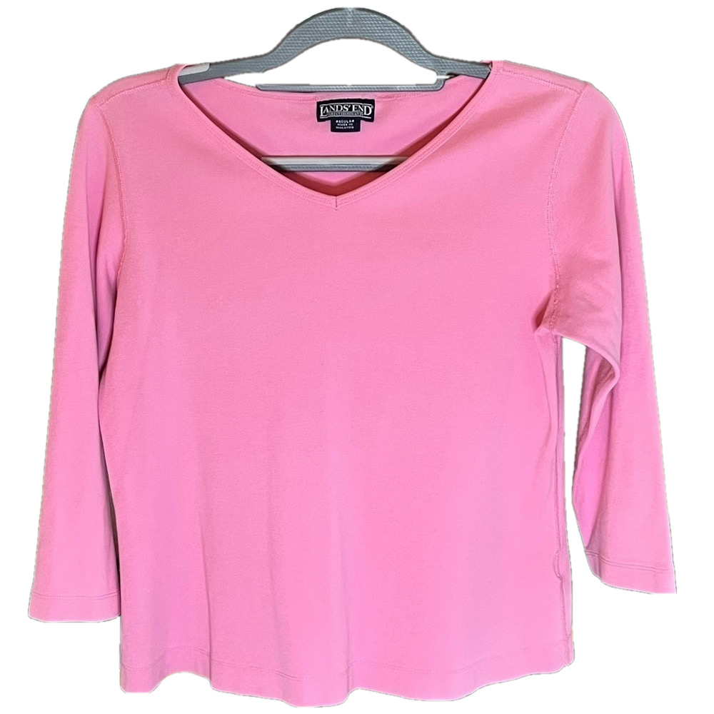 Lands End pink 3/4 sleeve V-neck T-shirt - Picture 1 of 5